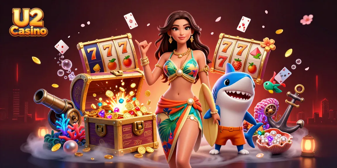 Experience excitement at U2 Casino with vibrant slot reels and a fun beach-themed backdrop.