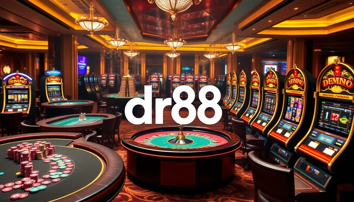 Bet with confidence at dr88, showcasing vibrant casino tables, roulette, and engaging slot machines.