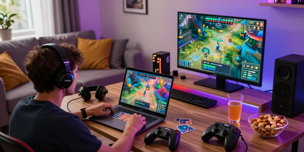 Player enjoying rikvip gaming experience on laptop with snacks and vibrant lighting