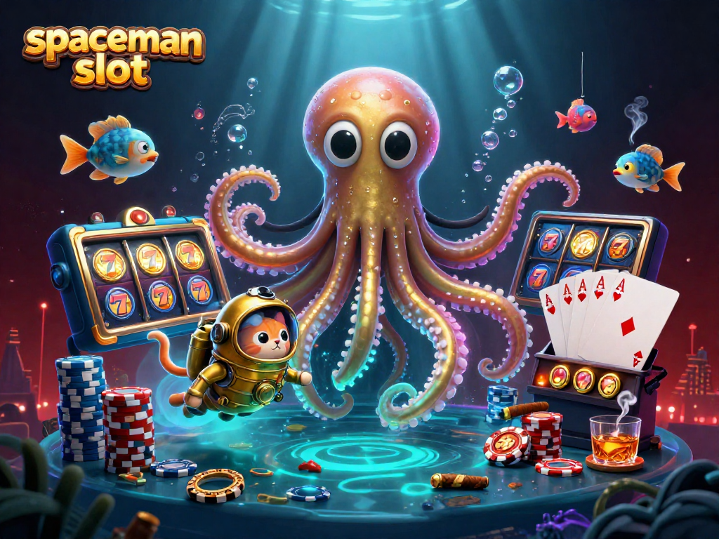 Spin the spaceman slot reels while a cartoon kraken and diving cat showcase casino treasures.