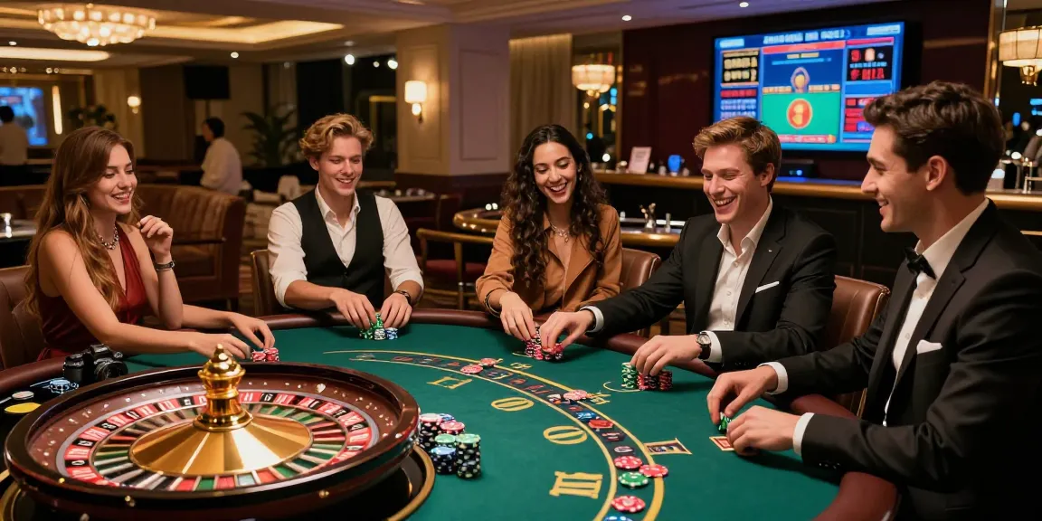 Friends enjoying a thrilling iwin gaming experience at an upscale casino lounge.