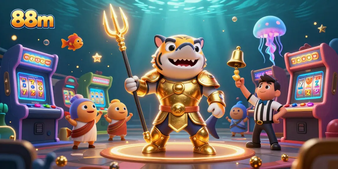 Experience thrilling gameplay with 88m’s vibrant casino scene featuring a shark and arcade elements.