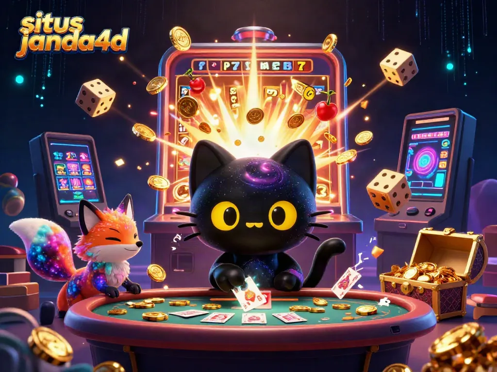 Permainan kasino penuh warna dalam situs janda4d dengan kucing hitam dan rubah nebula menarik chip emas.