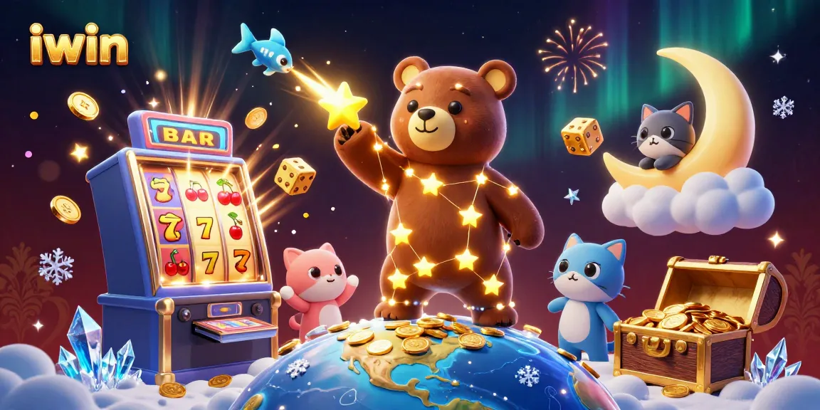 Win big with iwin as a constellation bear scoops coins in a rich casino scene