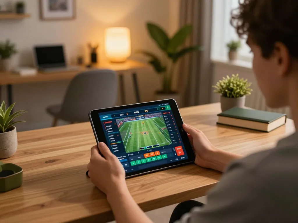 Player strategizing sports betting on say88 tablet, showcasing an engaging online gambling setup.