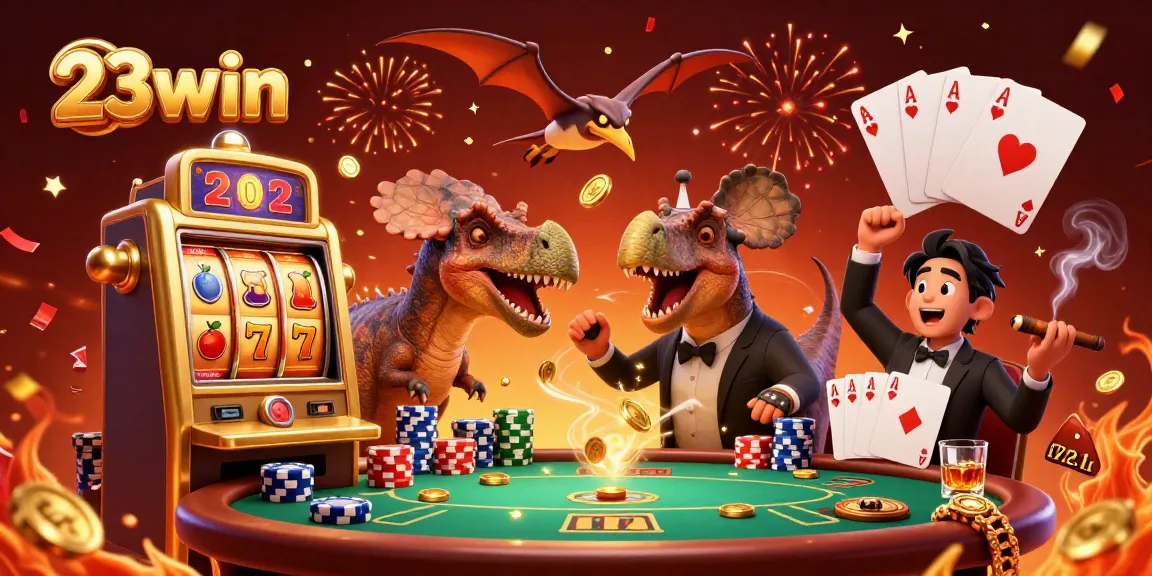 Watch 23win's pachycephalosaurus score a jackpot, amidst vibrant casino chaos.