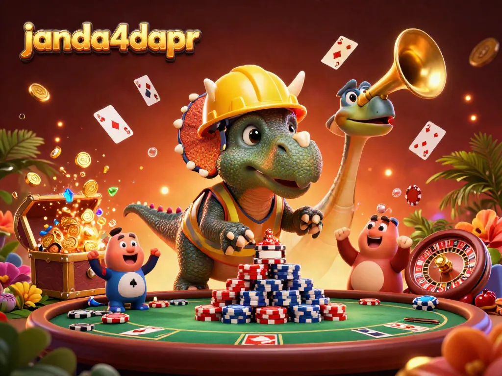 Janda4dapr menghadirkan suasana kasino dengan triceratops dan poker chip dalam ilustrasi digital yang meriah.