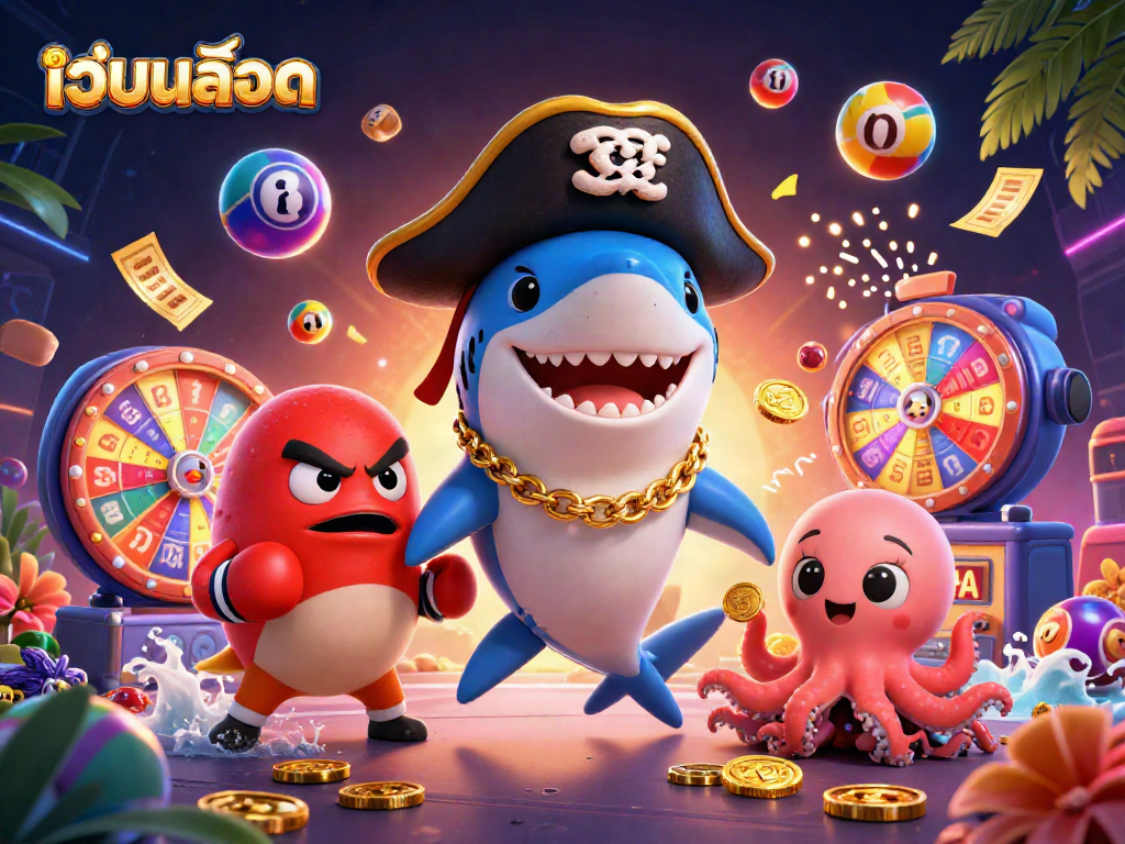 Engage in เว็บสล็อต action with a vibrant 3D cartoon scene featuring playful sea characters and lottery elements.
