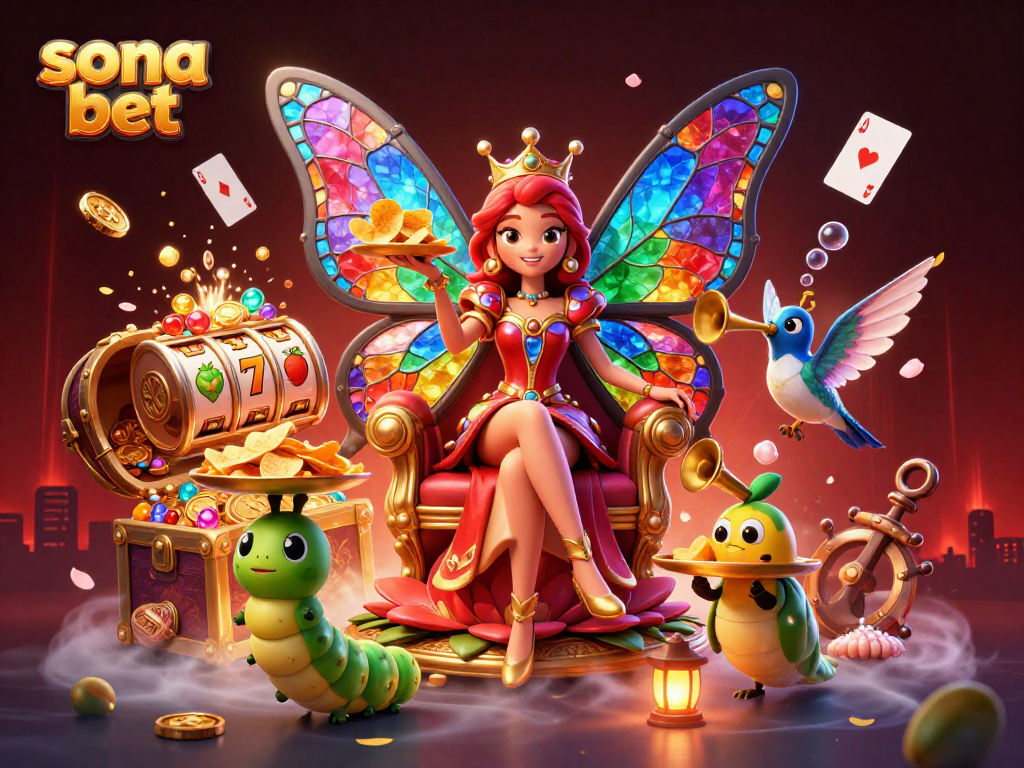 Engage with sona bet at an ultra-detailed casino scene featuring a butterfly queen and vibrant game elements.
