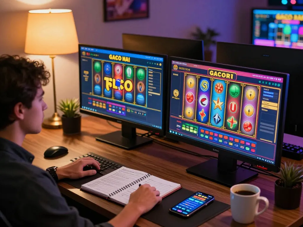 Player enjoying a slot gacor hari ini experience on a gaming setup, focusing on the spinning reels and strategy notes.
