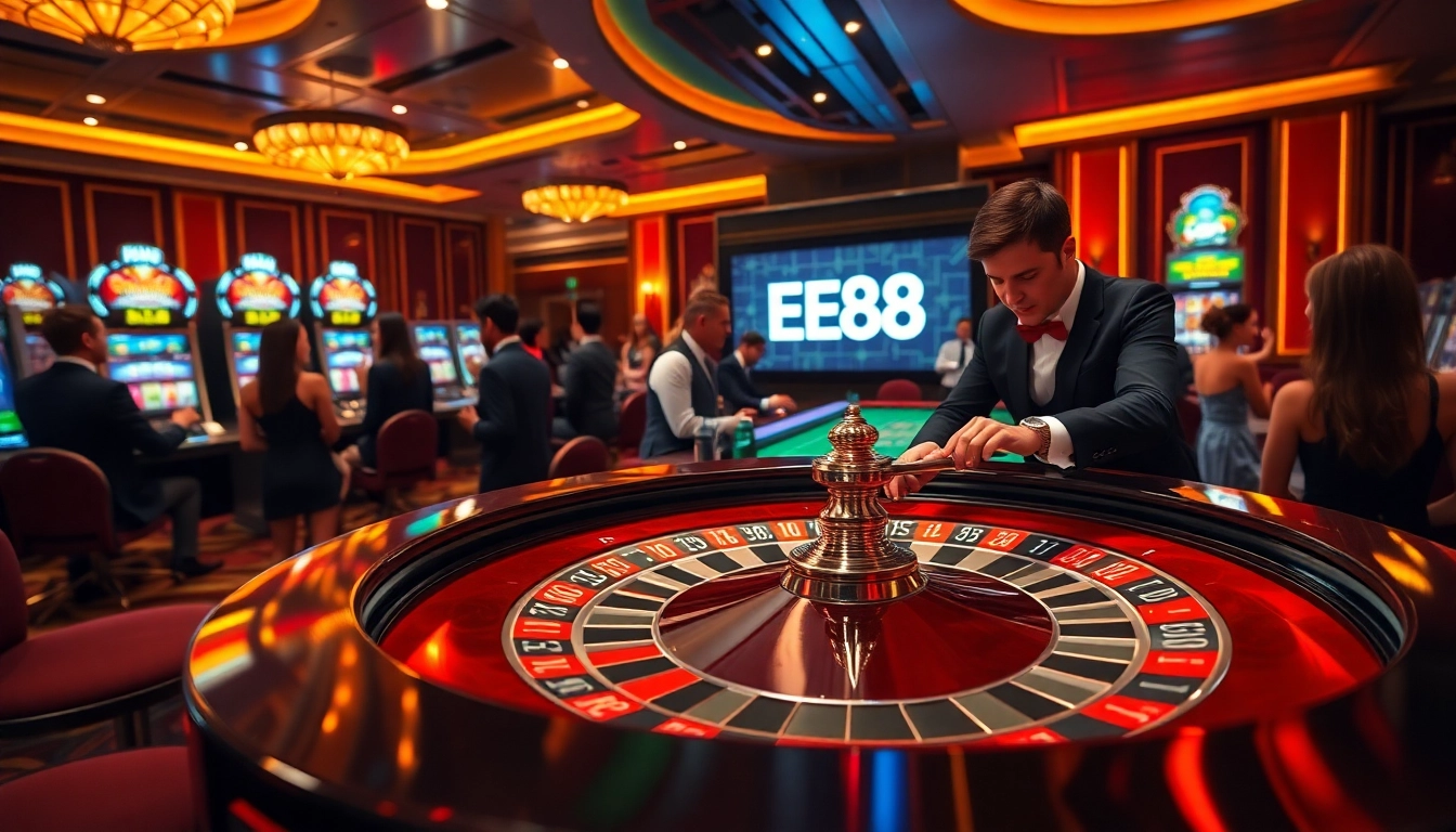 Players engaging in exciting casino action at an EE88 roulette table with vibrant chips.
