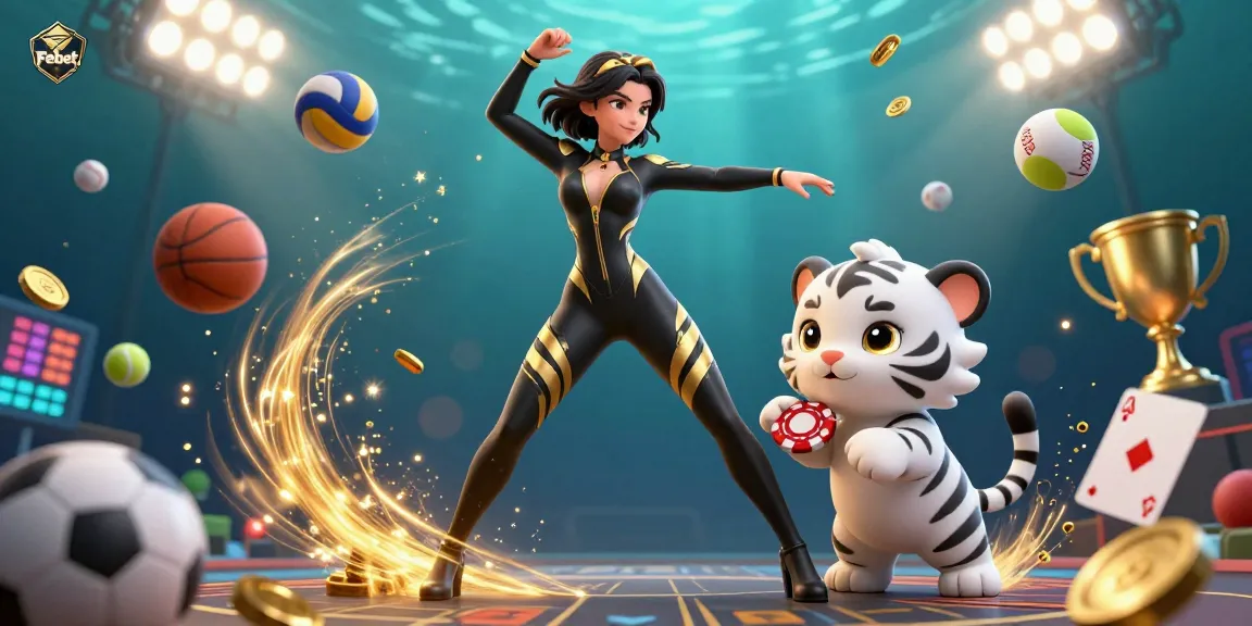 Engage with Febet's thrilling gaming experience featuring dynamic sports elements and a playful baby tiger.