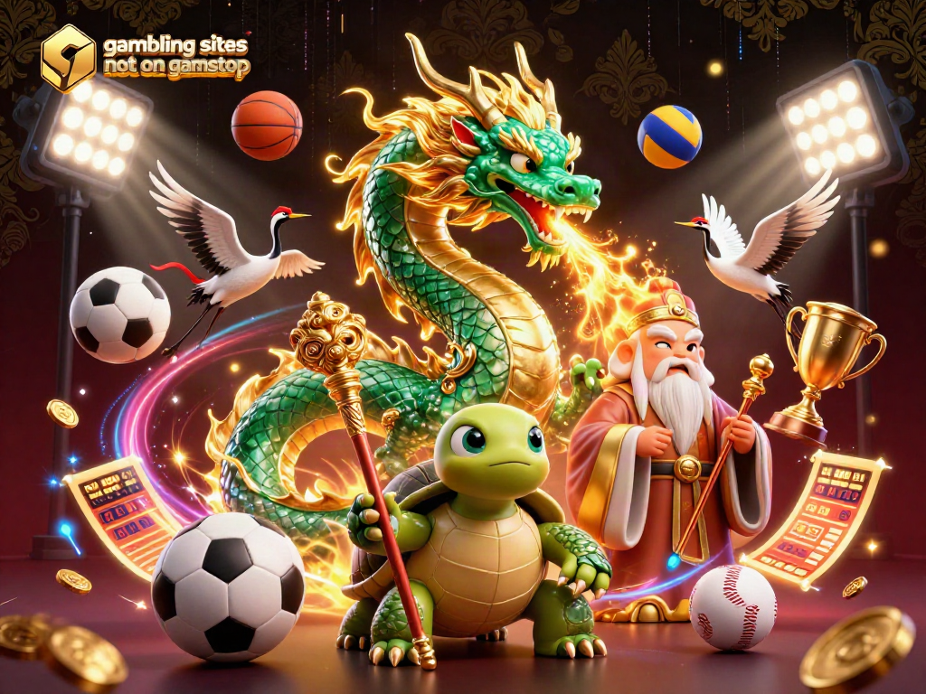 Engage with exciting action at gambling sites not on gamstop featuring a mystical dragon and vibrant sports elements.