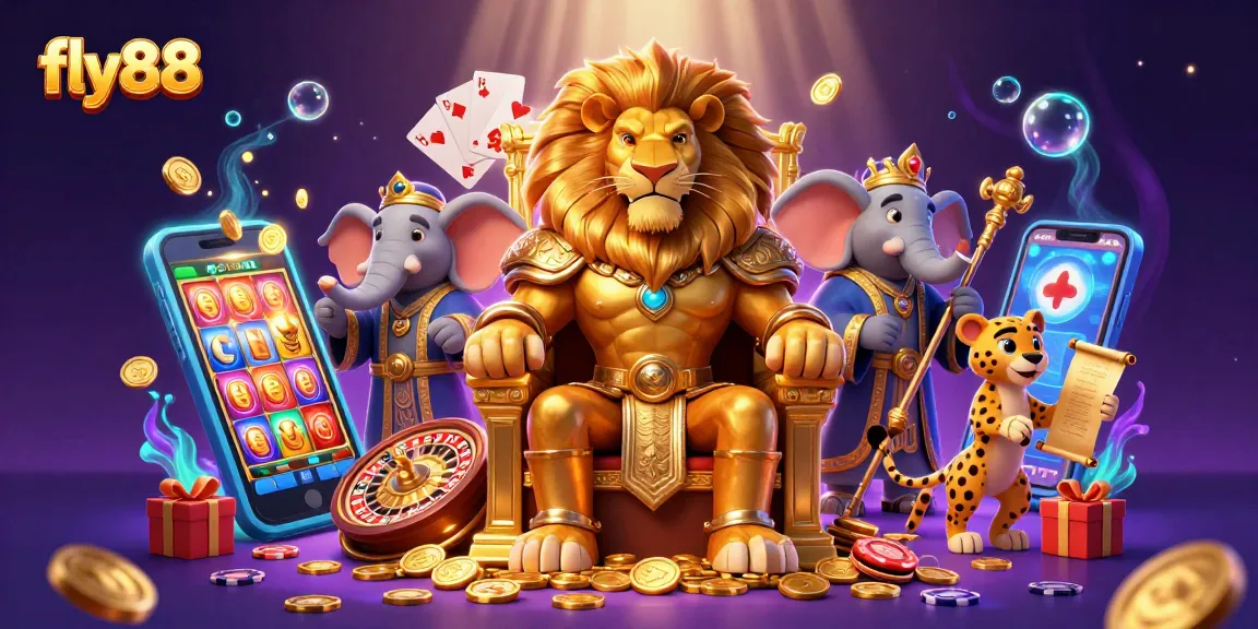Experience the thrill of fly88 with a majestic lion king, vibrant slot games, and opulent elements.