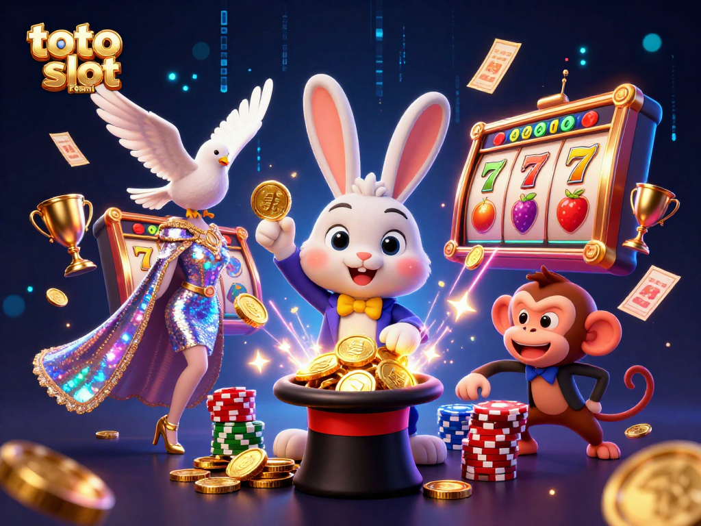 Experience the excitement at toto slot resmi with magical wins as a rabbit pulls golden coins, amidst vibrant casino elements.