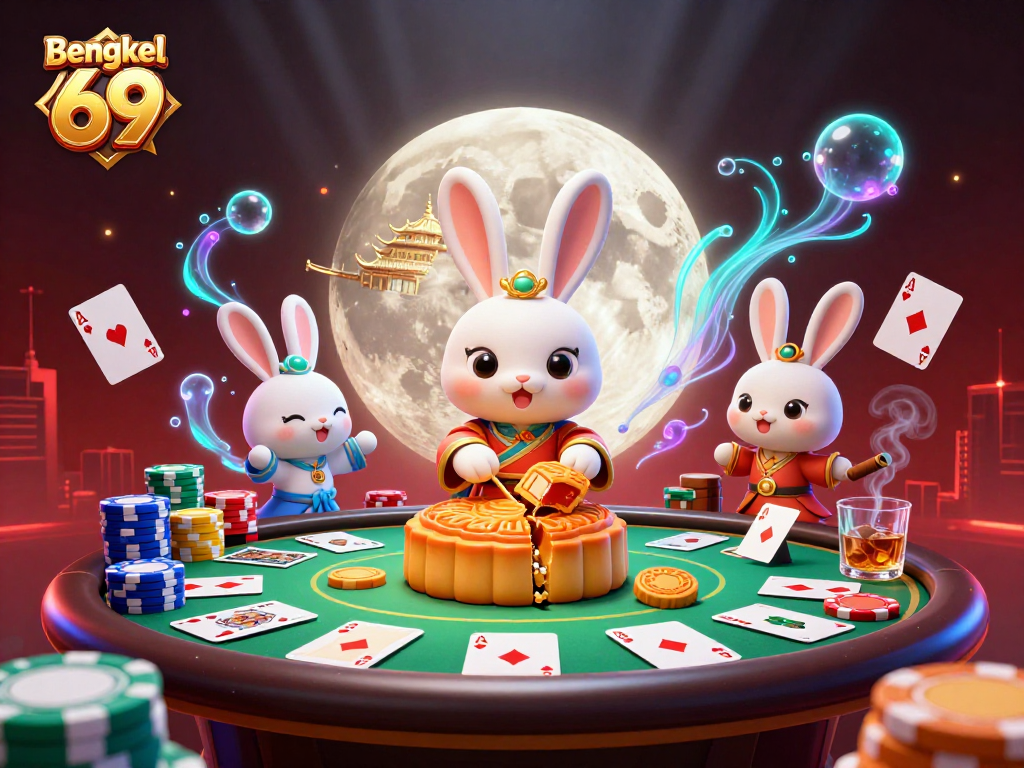 Bengkel 69 showcases a vibrant, ultra-detailed 3D illustration of a moon rabbit in a thrilling poker scene.