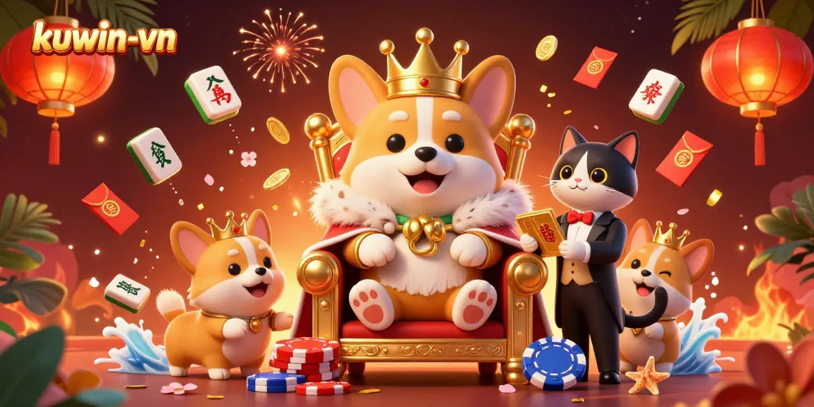 kuwin-vn offers an exciting casino atmosphere with a corgi in royal attire, presenting engaging card games.