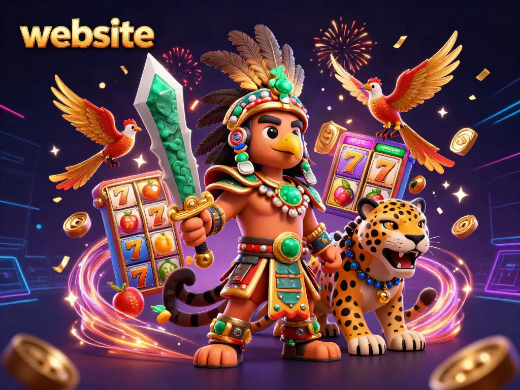 Situs permainan slot dengan karakter pejuang Aztec dan simbol mesin slot berwarna-warni.