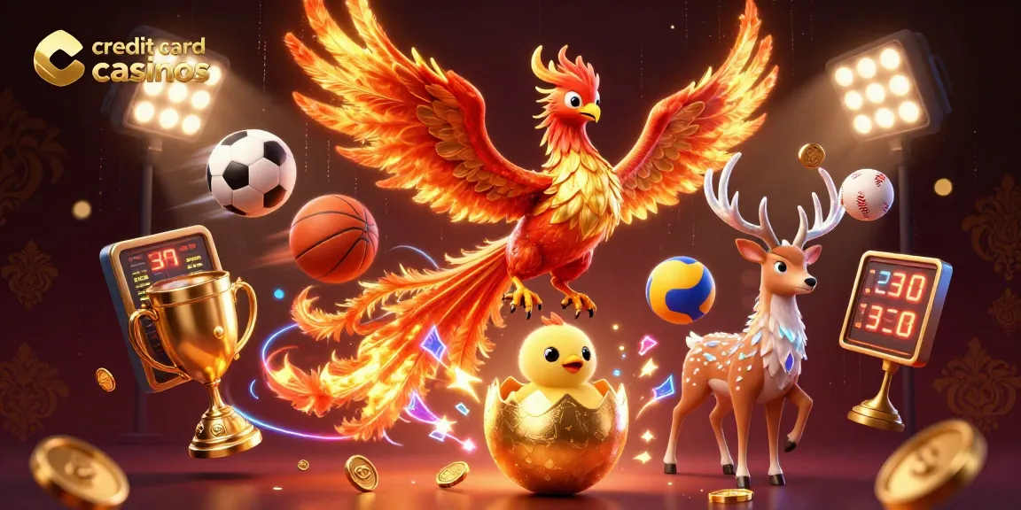 Engage with credit card casinos through a dynamic scene featuring an exciting phoenix and gaming elements.