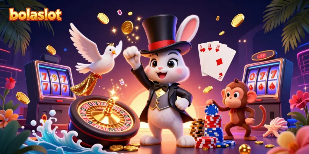 Engage with bolaslot's enchanting 3D illustration showcasing magical gaming moments filled with coins and poker chips.