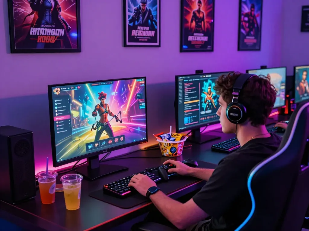 Engaged gamer playing immersive html porn games in a vibrant setup.