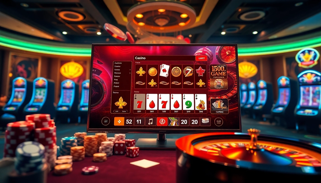 An engaging visual of casino excitement at https://33win5.it.com/ featuring vibrant gaming graphics, slot machines, and poker chips.