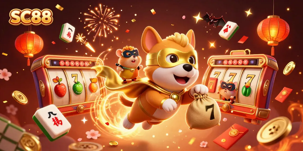 SC88 promotes exciting wins with a flying superhero dog and shimmering casino elements, showcasing online gaming fun.