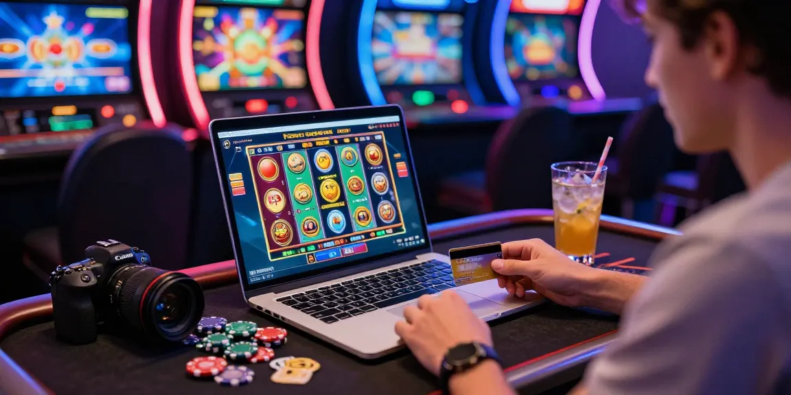 Player engaged at a vibrant online casino that accepts credit cards with gaming interface and neon lights.