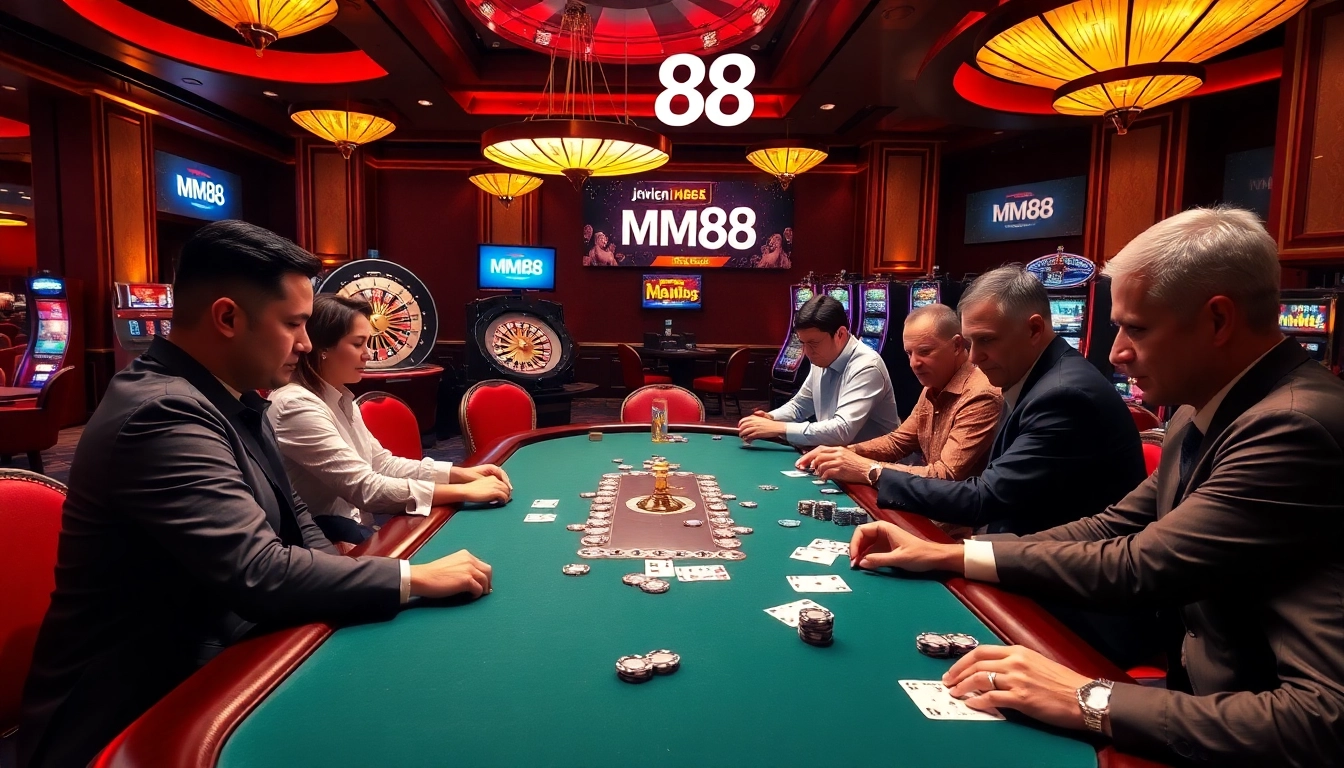 Players enjoying a thrilling poker game at MM88 casino, surrounded by vibrant slot machines and roulette.