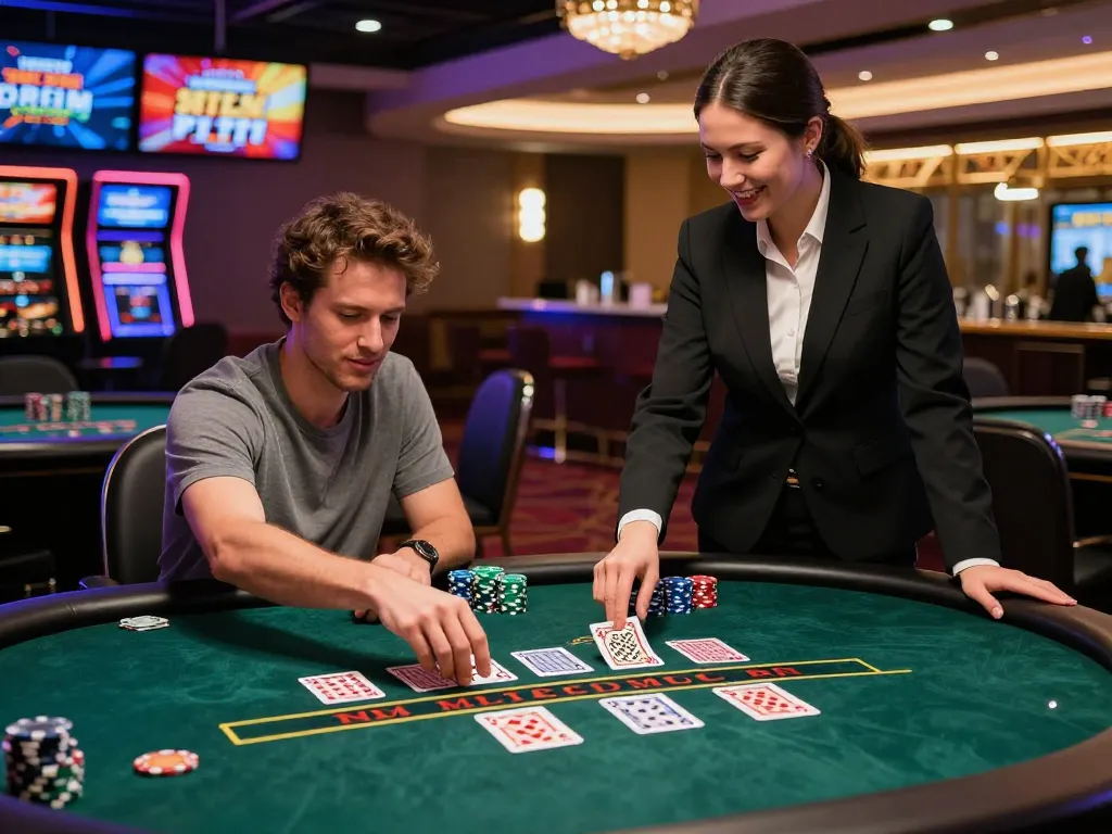 Player enjoying free credit baccarat with a live dealer at a vibrant casino table, showcasing an engaging gaming experience.