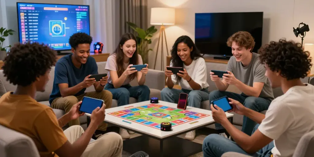 Gameplay scene of players enjoying Rumble Rummy on mobile devices in a stylish living room, showcasing excitement and friendly competition.