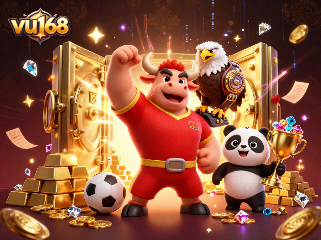 Betting victory scene featuring vu168 mascot with gold treasures and trophies in an exciting casino atmosphere.