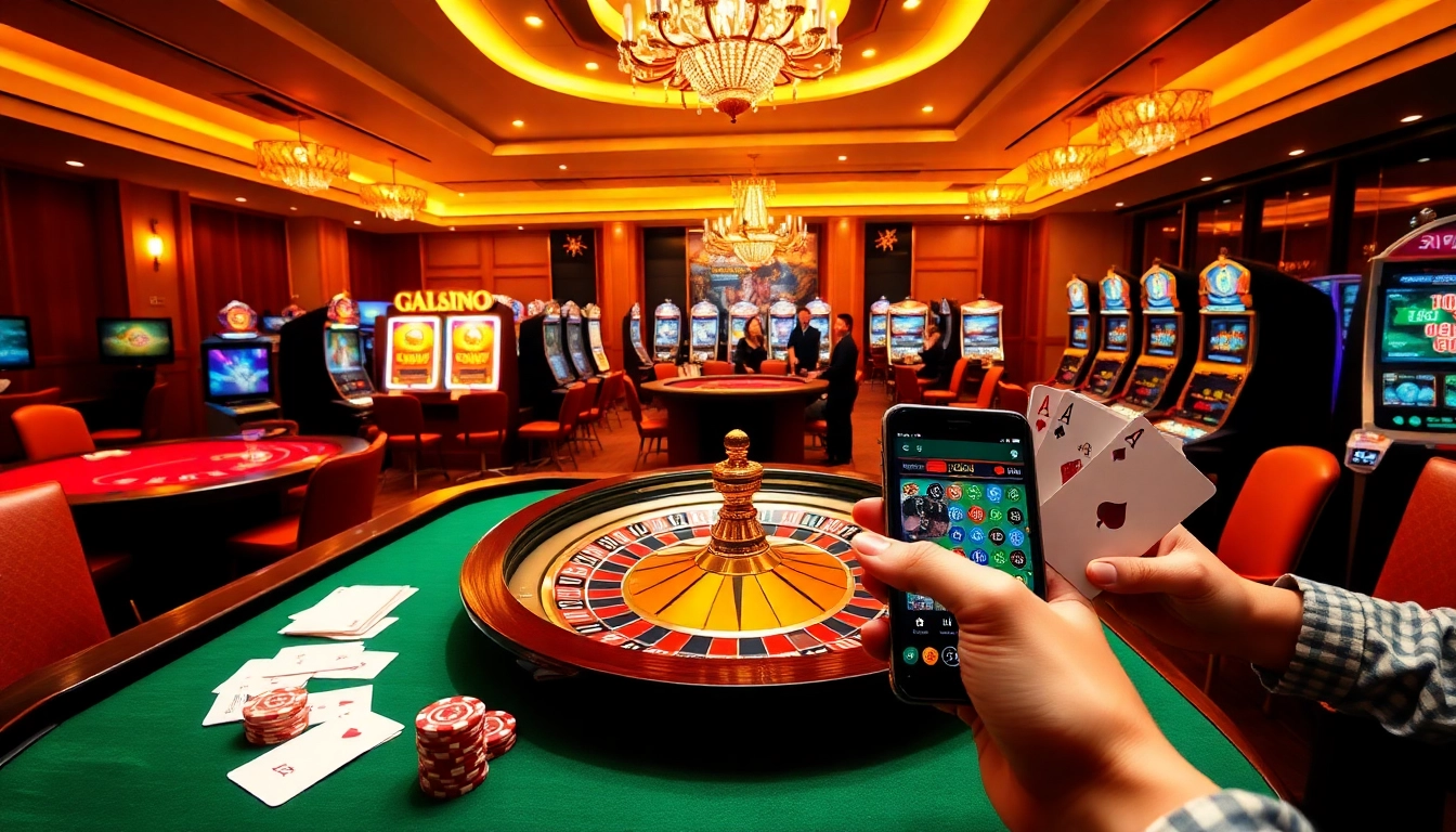 Players enjoy an immersive experience at Liên minh okwin, featuring a vibrant casino atmosphere with games.