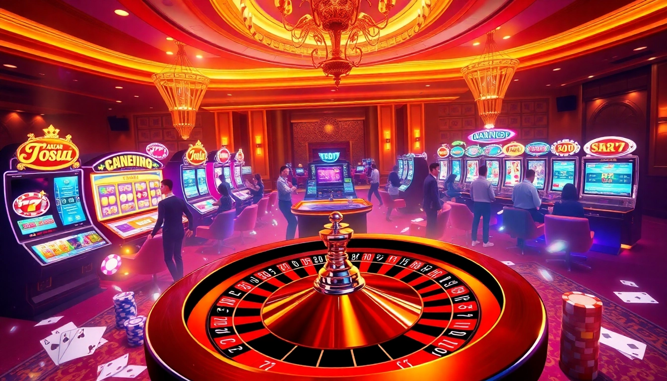 Sao789 players engaging with an exciting online casino atmosphere with roulette and slot machines.