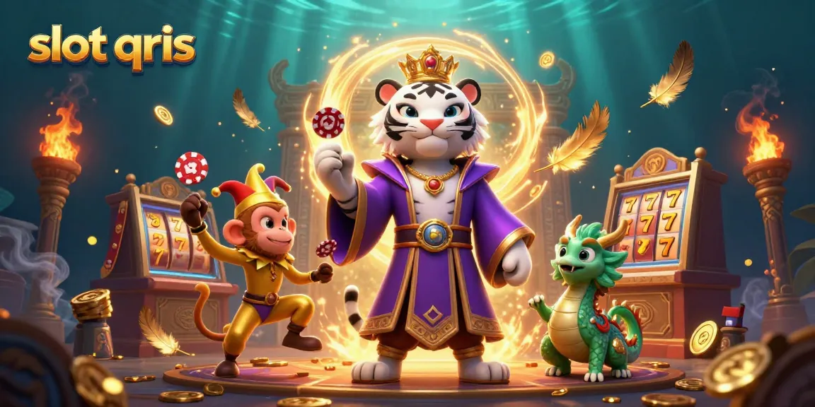 Experience slot qris with a vibrant scene showcasing a white tiger, monkey, and jade dragon in a casino setting.
