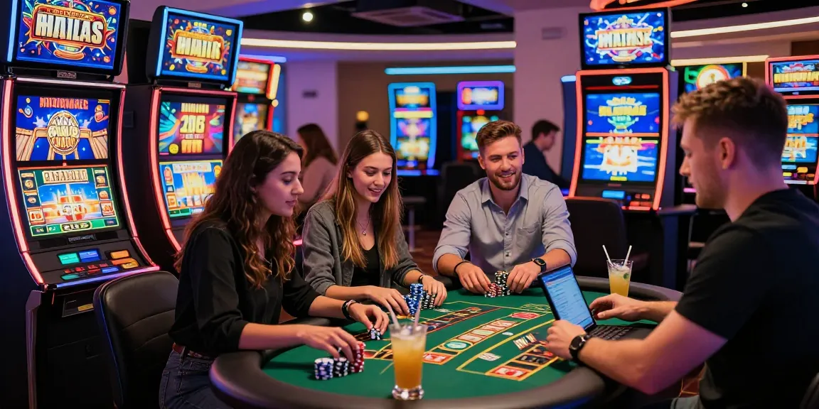 Players enjoying gaming at credit card casinos at https://dea.org.uk with vibrant slot machines and live dealer experiences in a modern casino.
