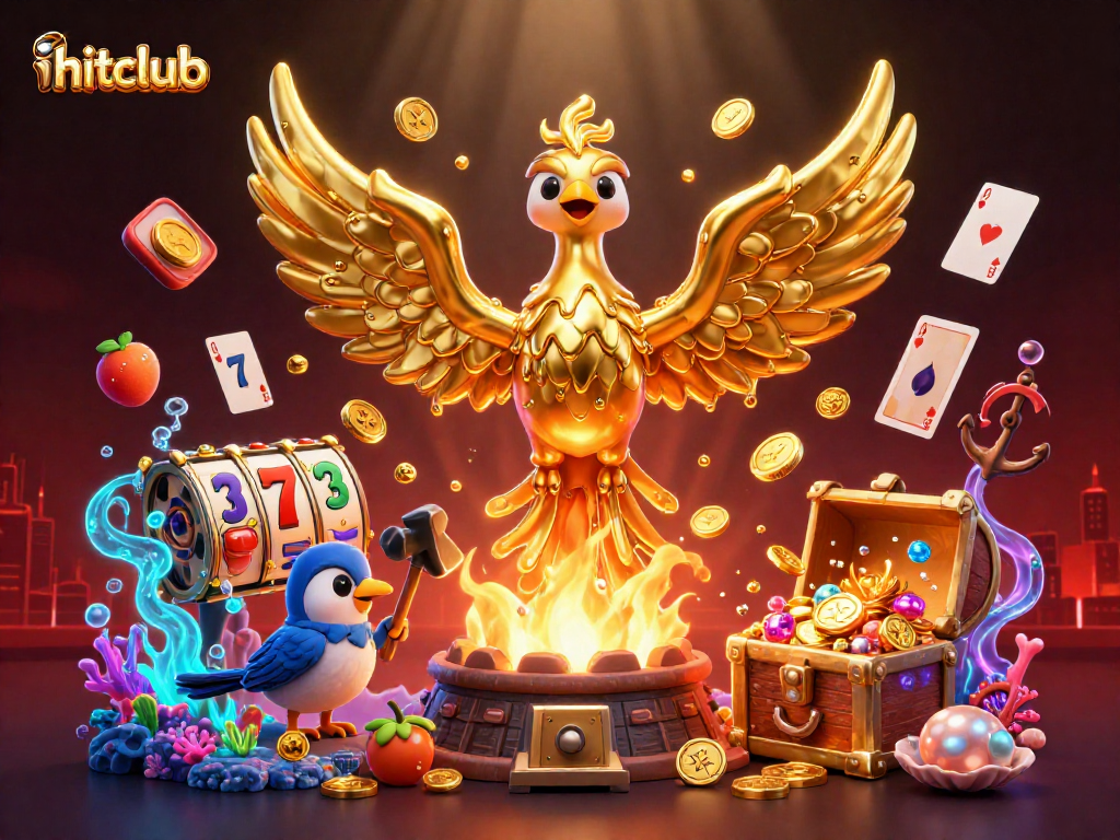 Hitclub showcases a molten metal phoenix and sparrows celebrating a vibrant casino win.