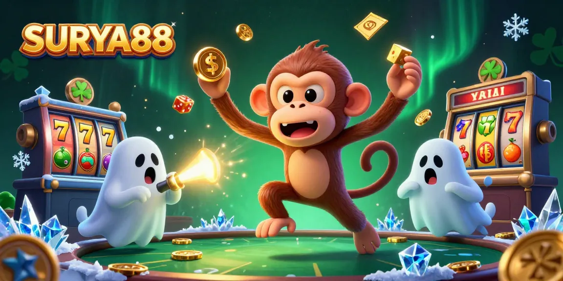 SURYA88 showcases an engaging haunted casino scene with a ghostly monkey juggler and a curious puppy exploring winning opportunities.
