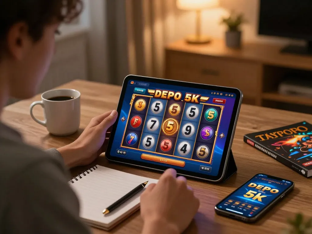 Engaged player enjoying slot depo 5k app on tablet in a cozy home office.