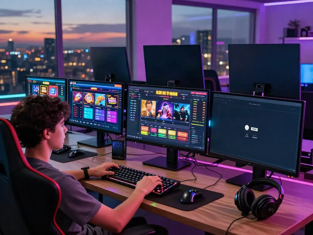 Exciting gaming setup featuring A80 slots and live casino tables in a vibrant workspace.