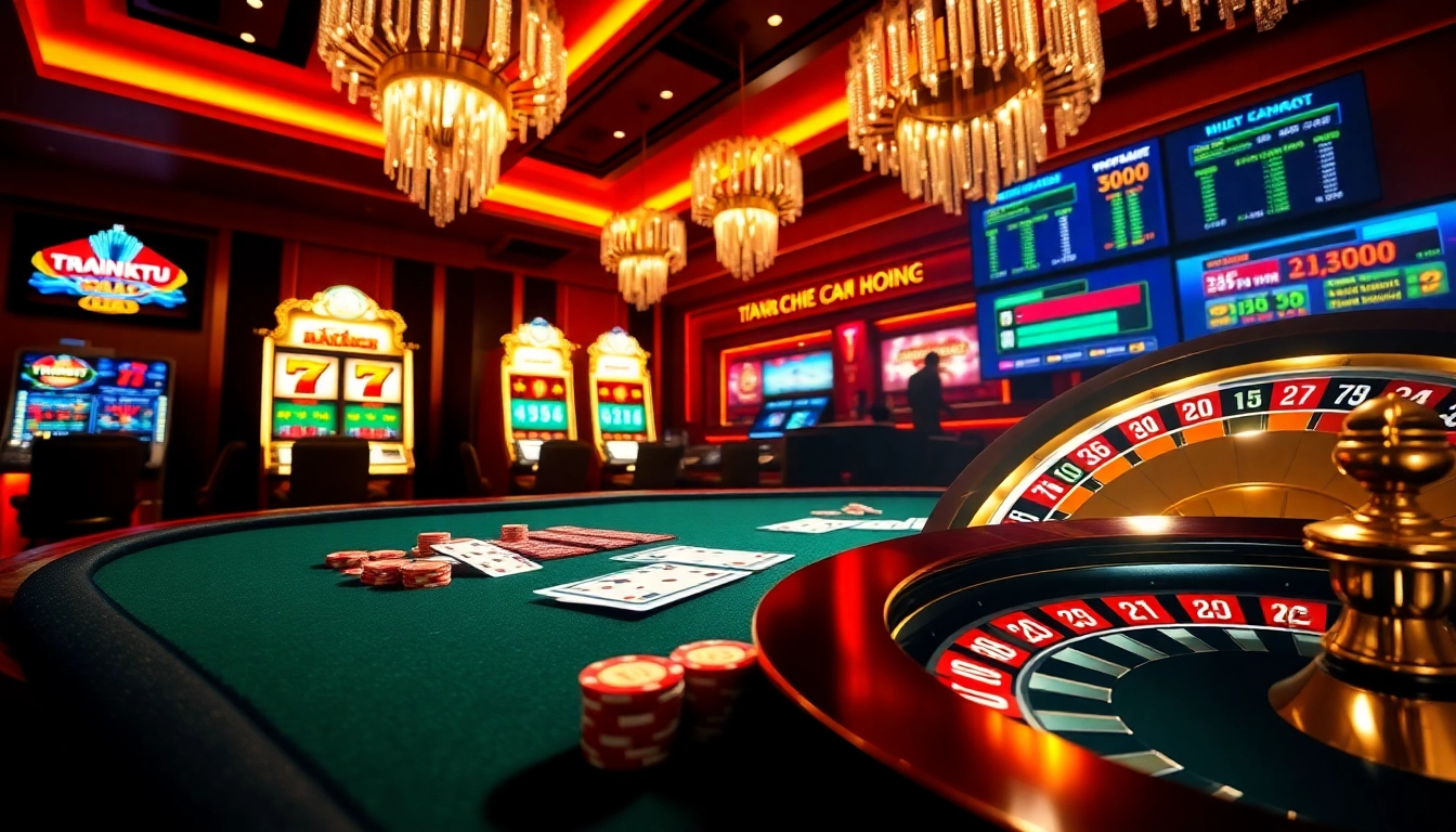 Engaging casino scene showcasing Trang Chủ RR88 with poker chips, cards, and slot machines for a thrilling gaming experience.