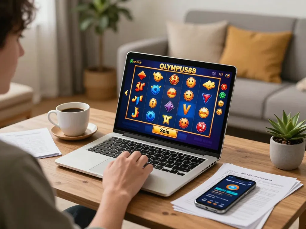 Player enjoying OLYMPUS88 slot games on a laptop in a cozy living room, highlighting mobile gaming atmosphere.