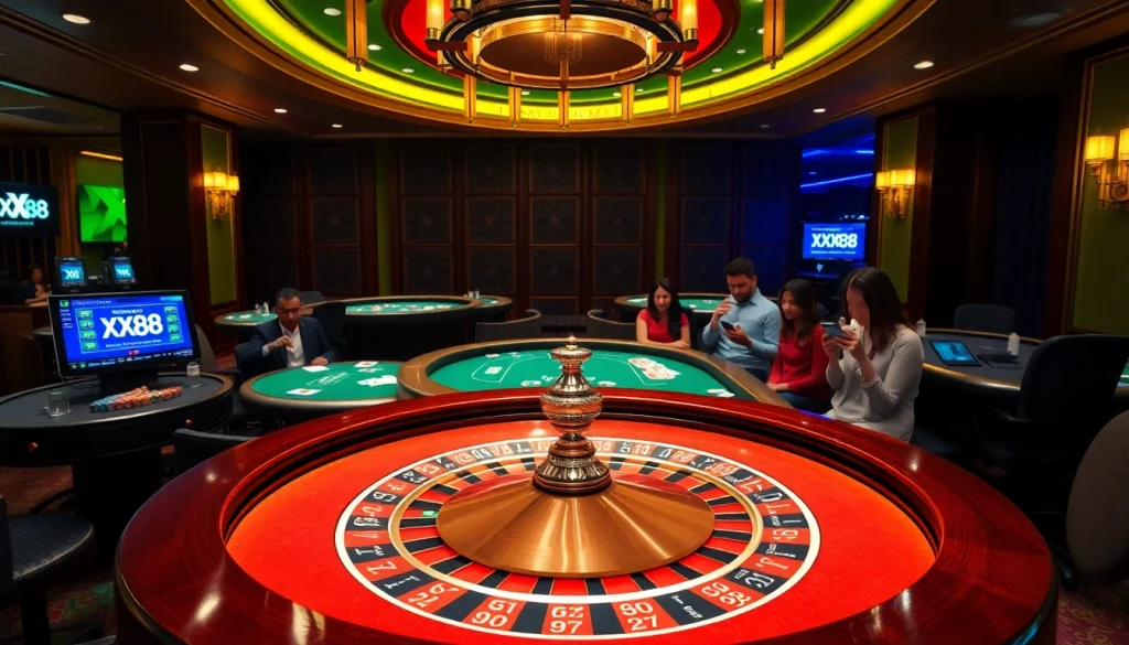 Dynamic gaming scene at XX88 casino with roulette and engaged players.
