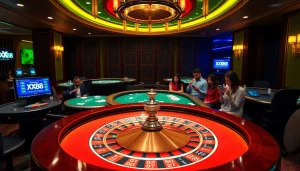 Dynamic gaming scene at XX88 casino with roulette and engaged players.