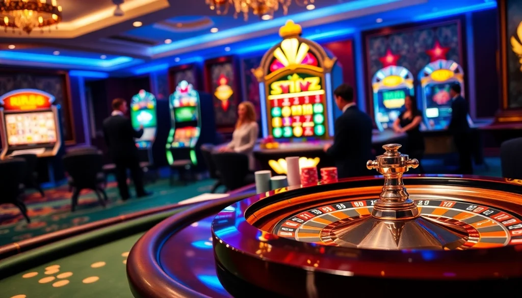 RR88 players enjoying an exciting game at a luxurious casino featuring roulette and poker tables.