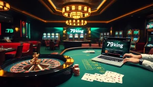 79king luxury casino scene with roulette, cards, chips and online interface