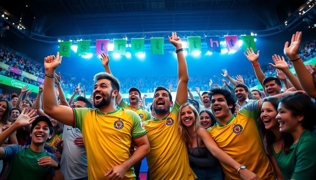 Exciting scene of online Betting with athletes and fans celebrating in a vibrant stadium.