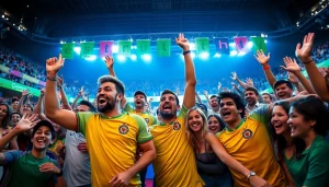 Exciting scene of online Betting with athletes and fans celebrating in a vibrant stadium.