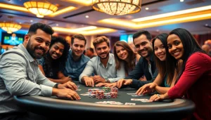 Engage in an exciting Poker Game at a vibrant casino table with enthusiastic players.