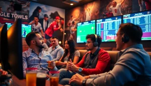 Engaged bettors analyzing sports betting odds and statistics in a dynamic sports lounge.